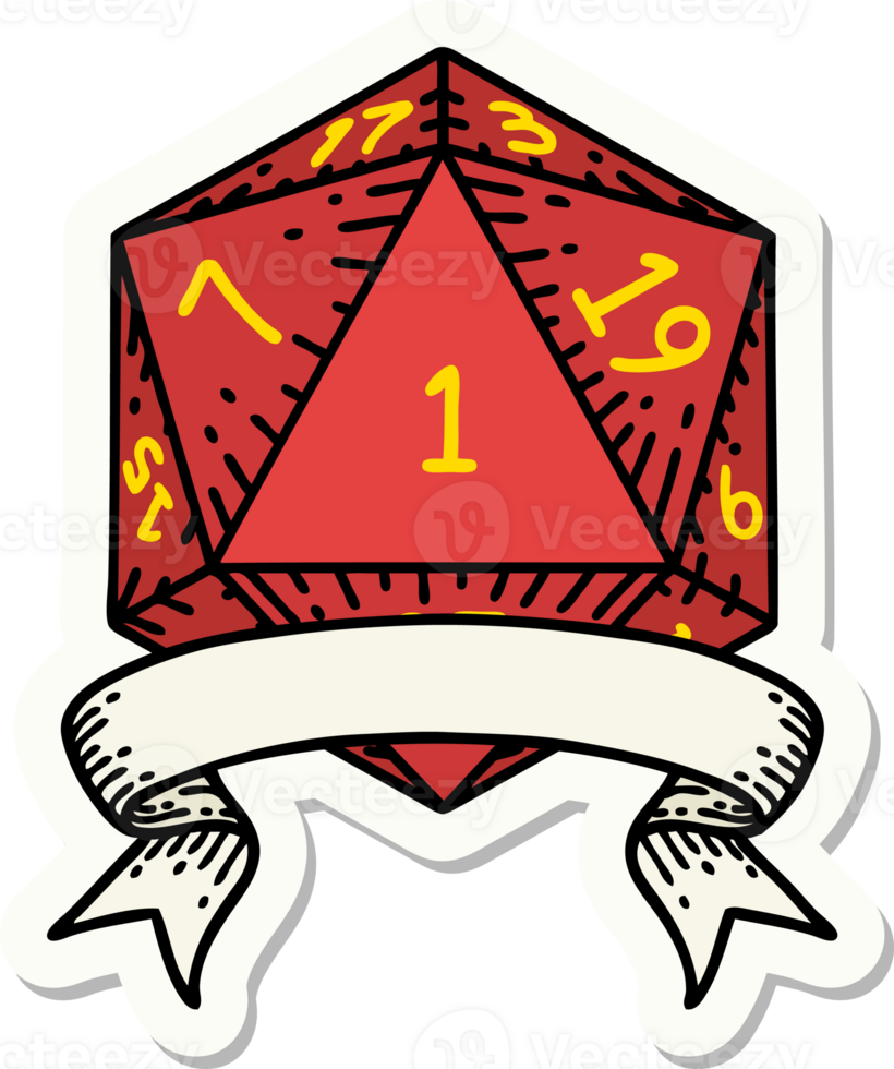 sticker of a natural one d20 dice roll png