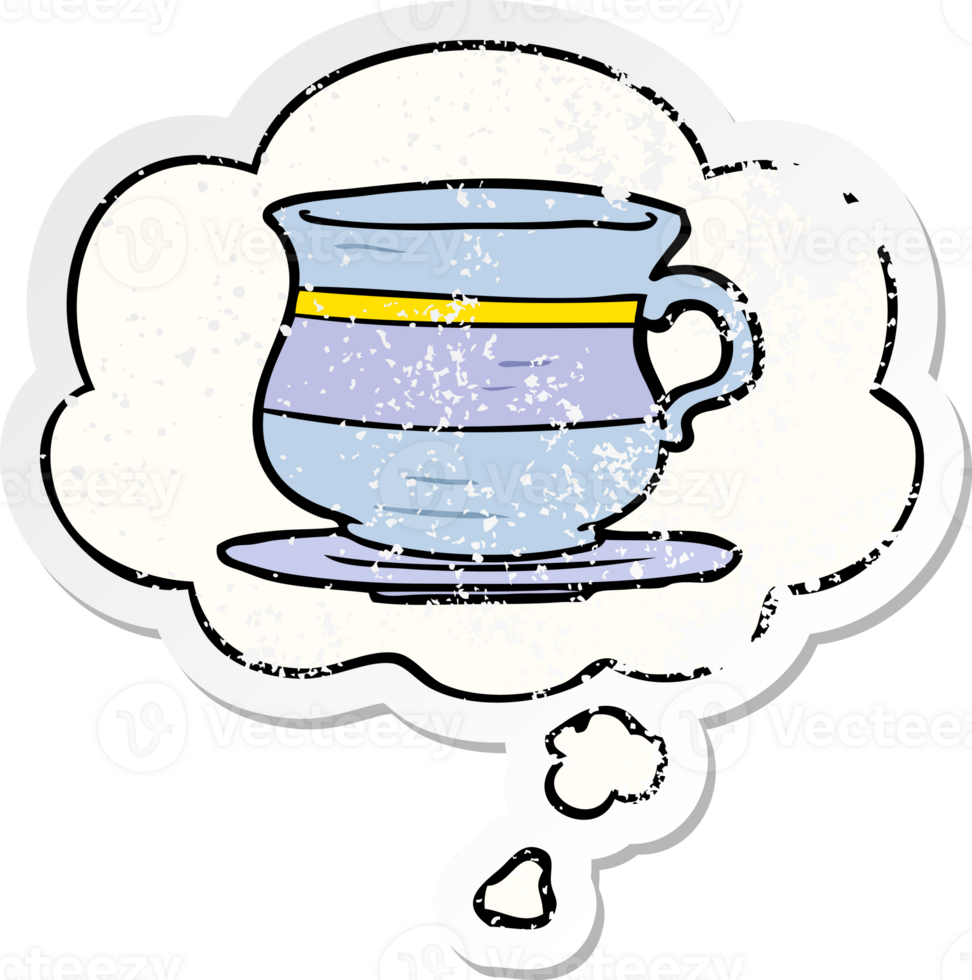 cartoon old tea cup with thought bubble as a distressed worn sticker png