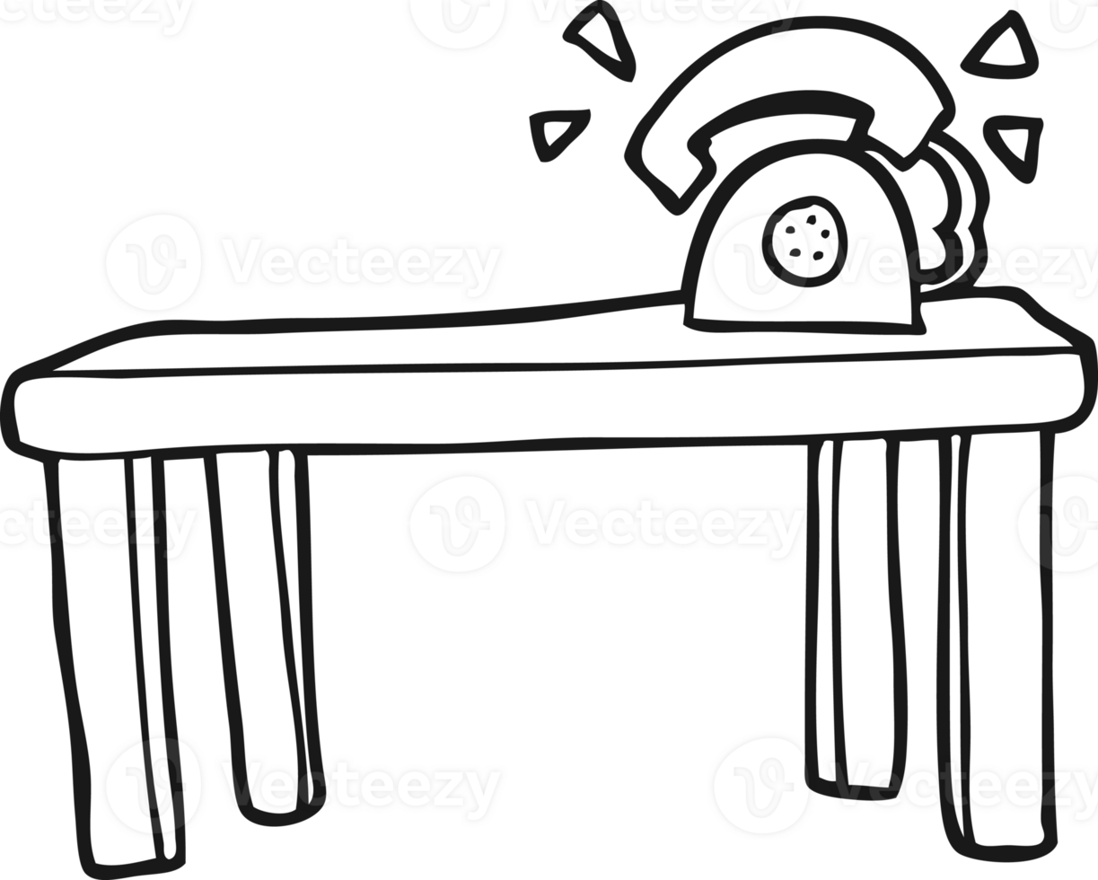 hand drawn black and white cartoon phone ringing on desk png
