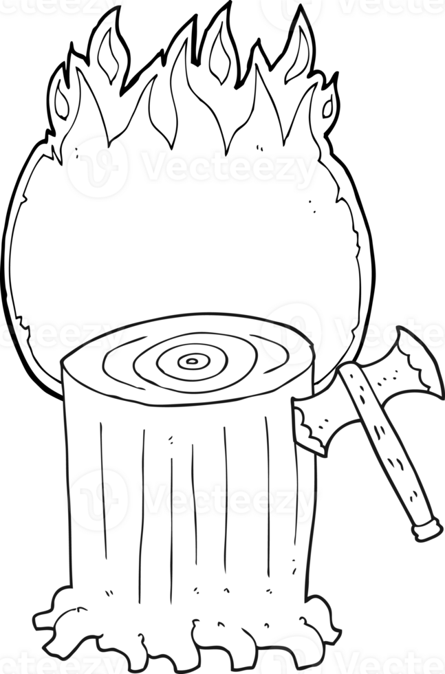 hand drawn black and white cartoon tree stump and axe png