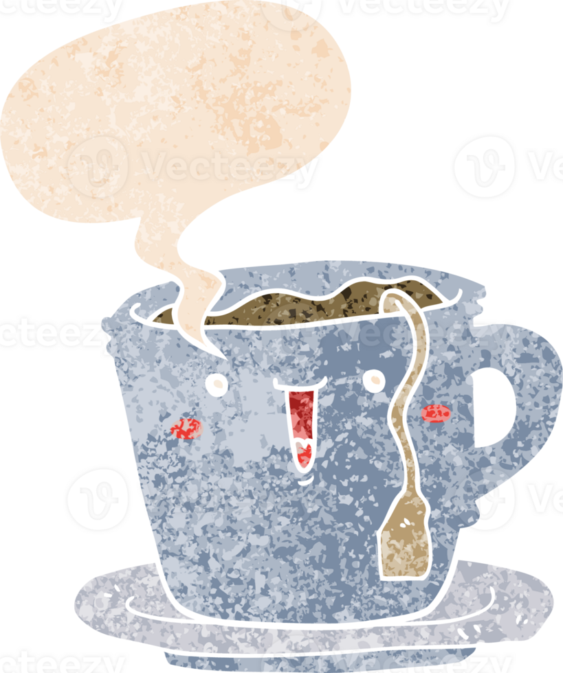 cute cartoon cup and saucer with speech bubble in grunge distressed retro textured style png