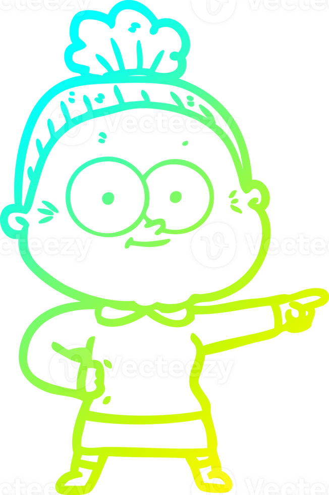 cold gradient line drawing of a cartoon happy old woman png