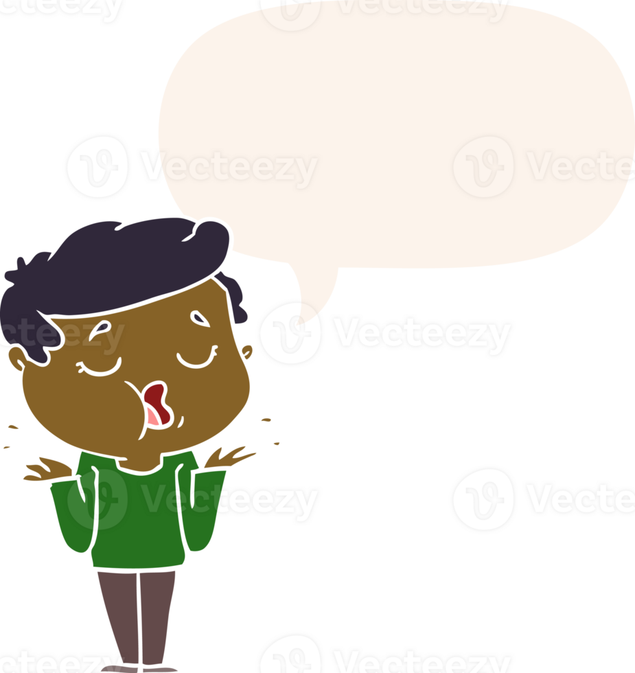 cartoon man talking and shrugging shoulders with speech bubble in retro style png