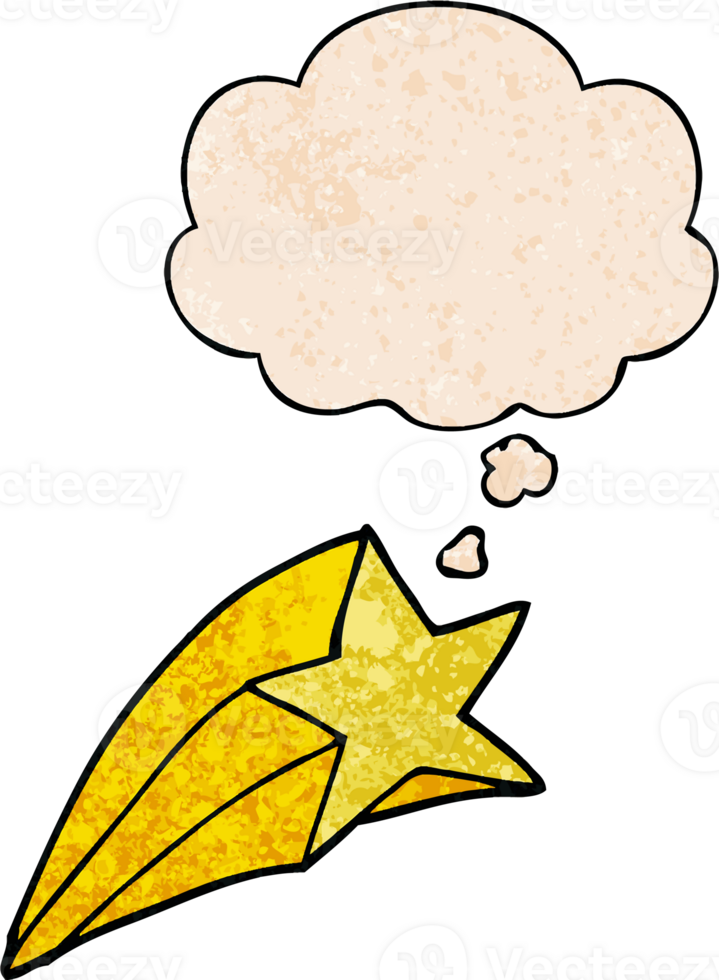 cartoon shooting star with thought bubble in grunge texture style png