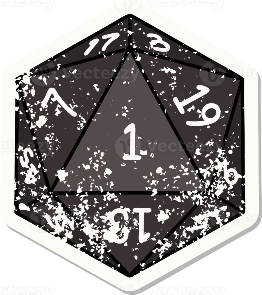 grunge sticker of a natural 1 D20 dice roll png