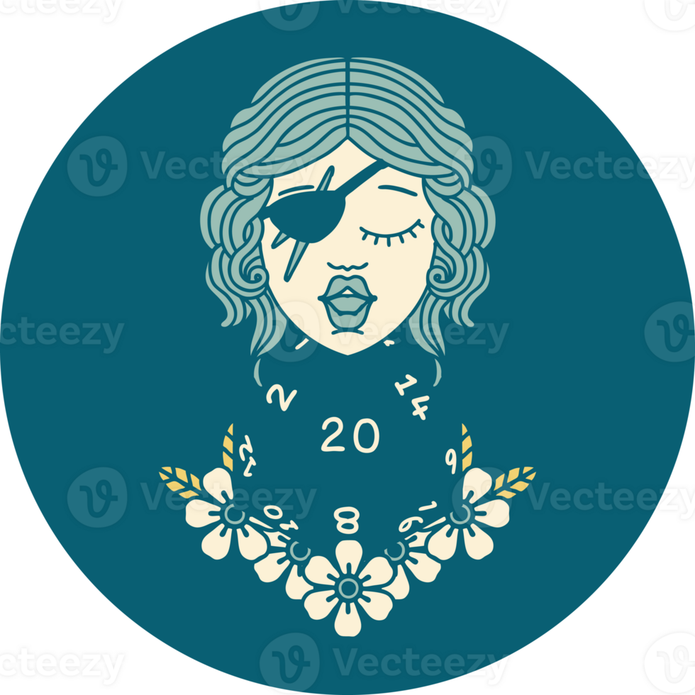 Retro Tattoo Style human rogue with natural twenty dice roll png