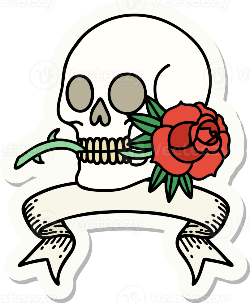 tattoo style sticker with banner of a skull and rose png