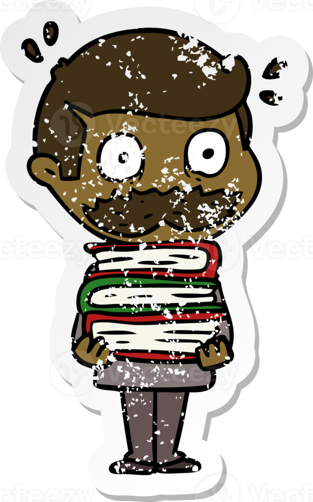 distressed sticker of a cartoon man with mustache and books png