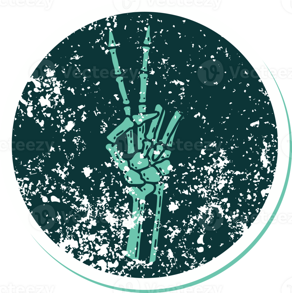 iconic distressed sticker tattoo style image of a skeleton giving a peace sign png