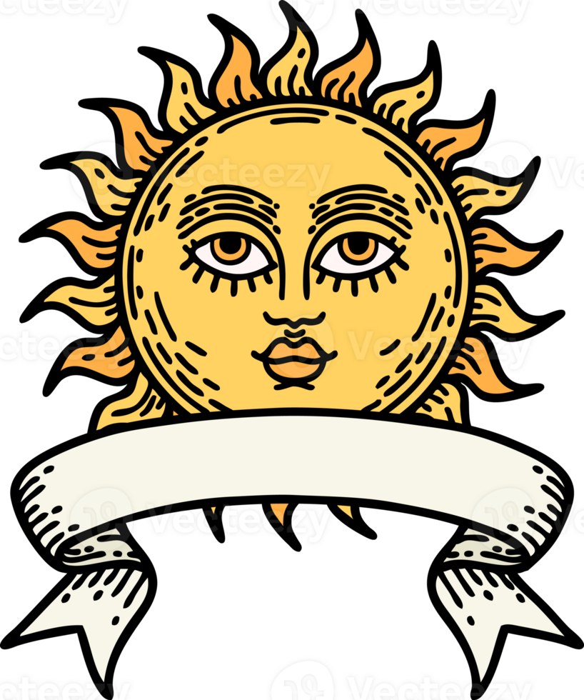 traditional tattoo with banner of a sun with face png