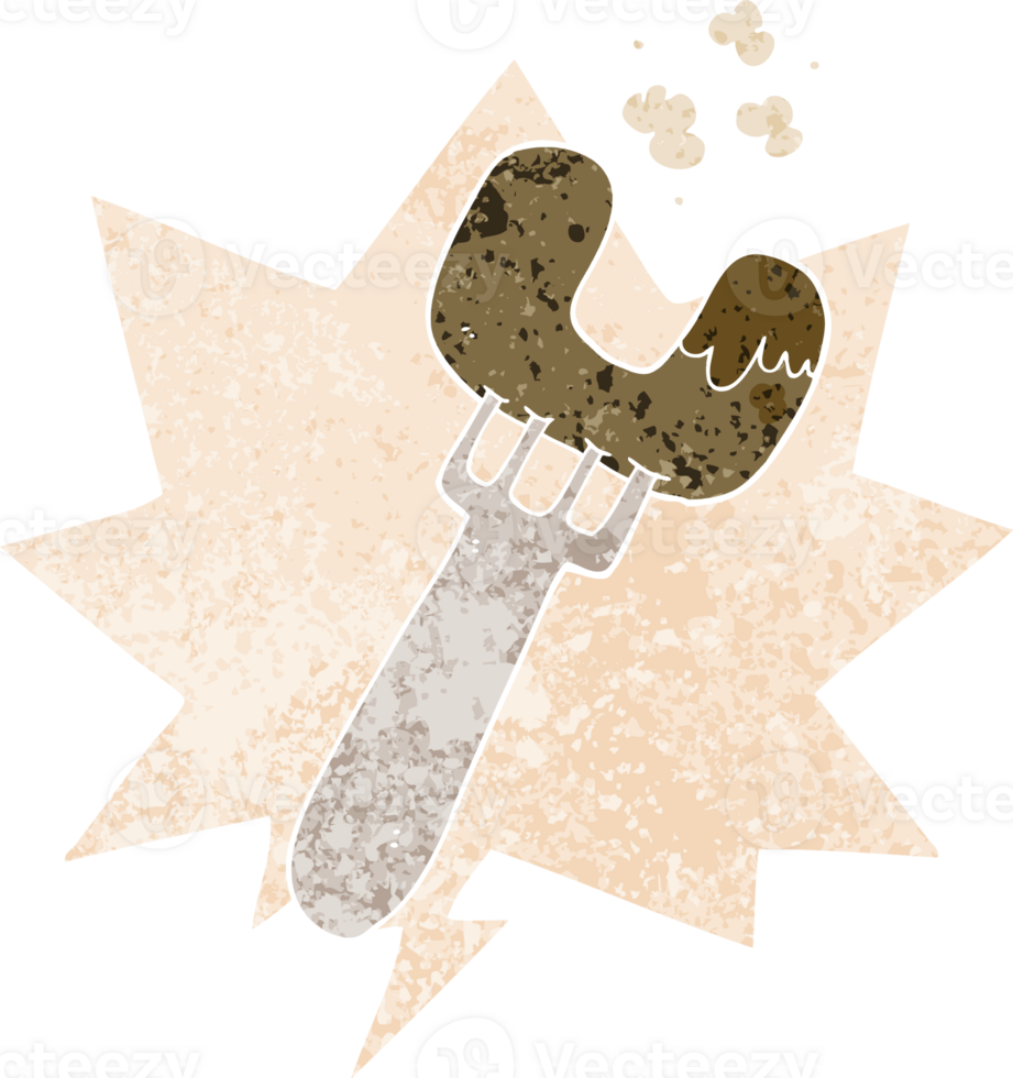 cartoon sausage on fork with speech bubble in grunge distressed retro textured style png