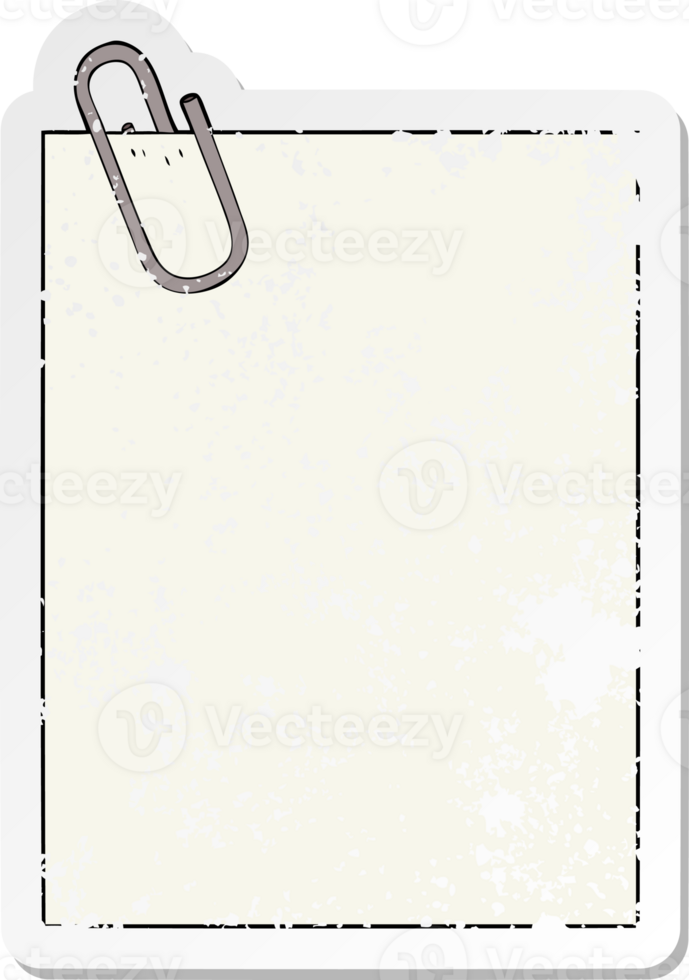 distressed sticker of a cartoon paper with paperclip png