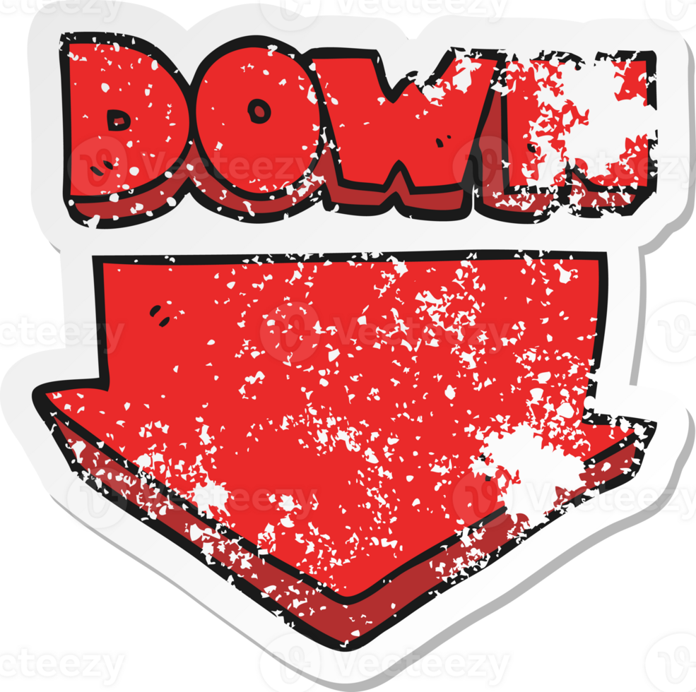 retro distressed sticker of a cartoon down arrow symbol png