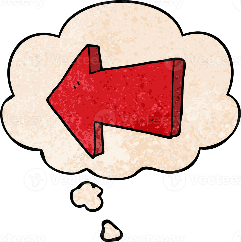 cartoon pointing arrow with thought bubble in grunge texture style png