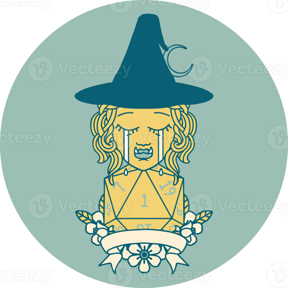 icon of crying half orc witch character with natural one roll png