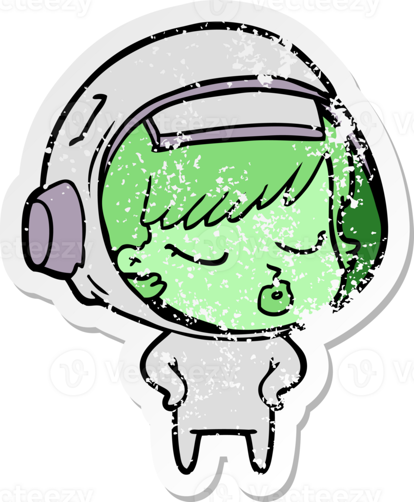 distressed sticker of a cartoon pretty astronaut girl png