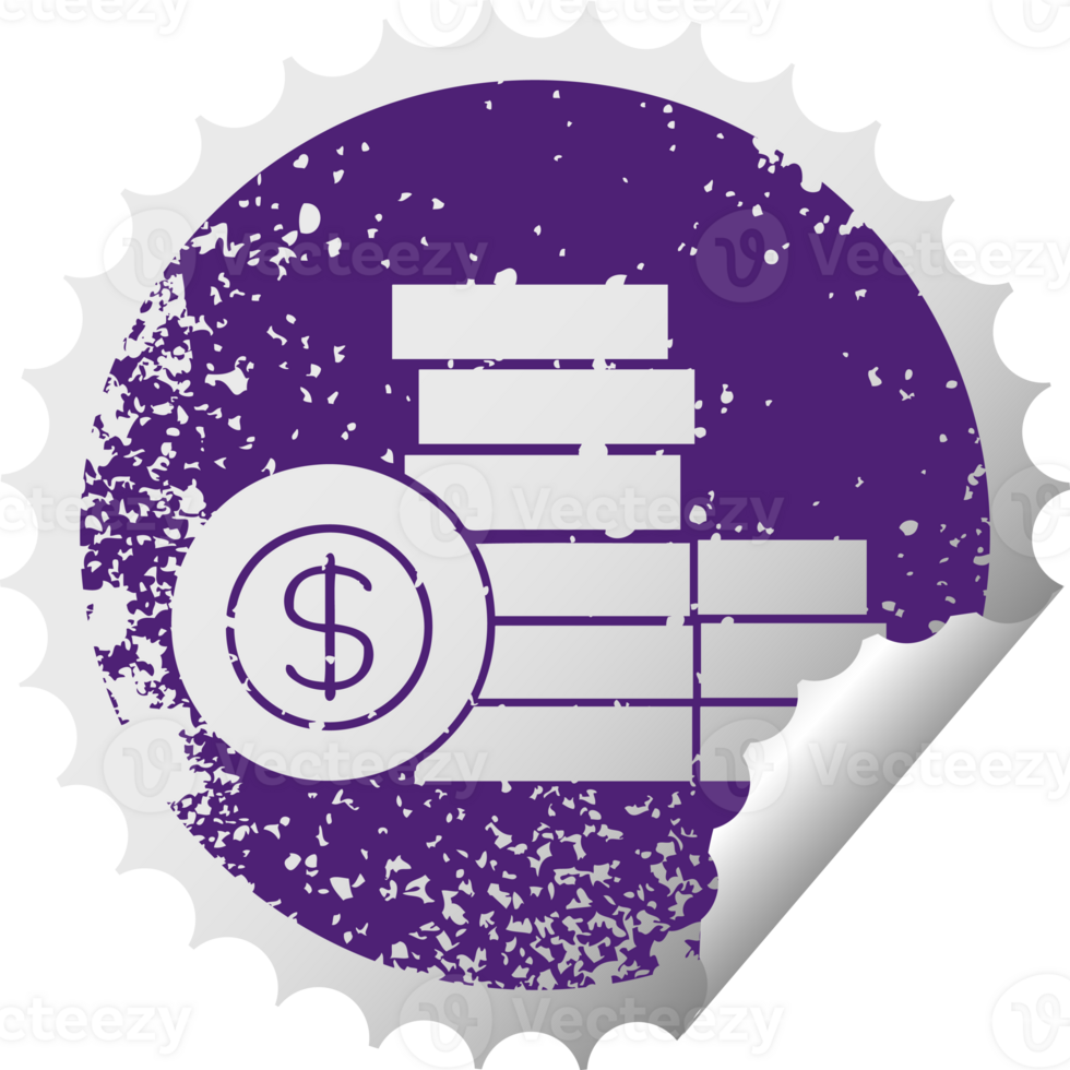 distressed circular peeling sticker symbol of a pile of money png