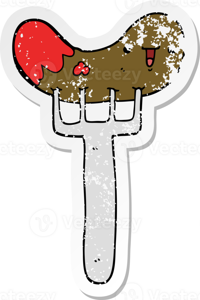 distressed sticker of a cartoon sausage and fork png