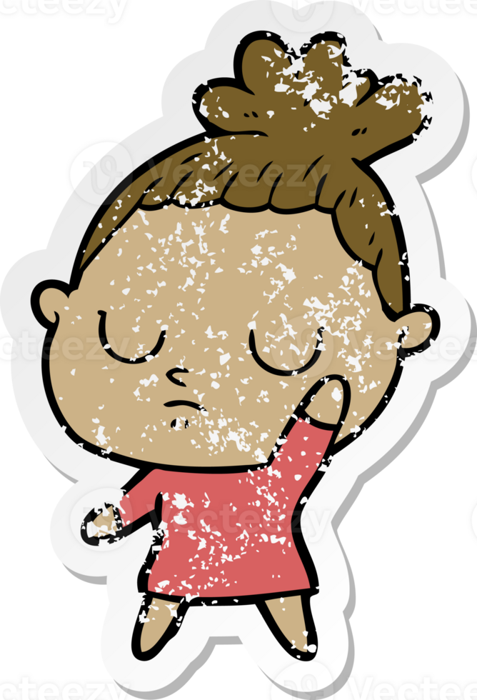 distressed sticker of a cartoon calm woman png
