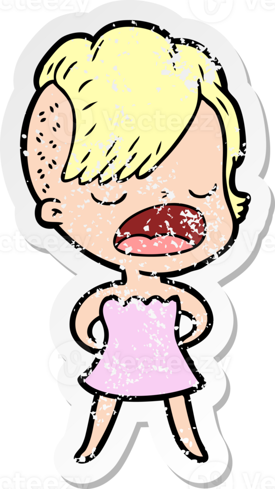 distressed sticker of a cartoon cool hipster girl talking png
