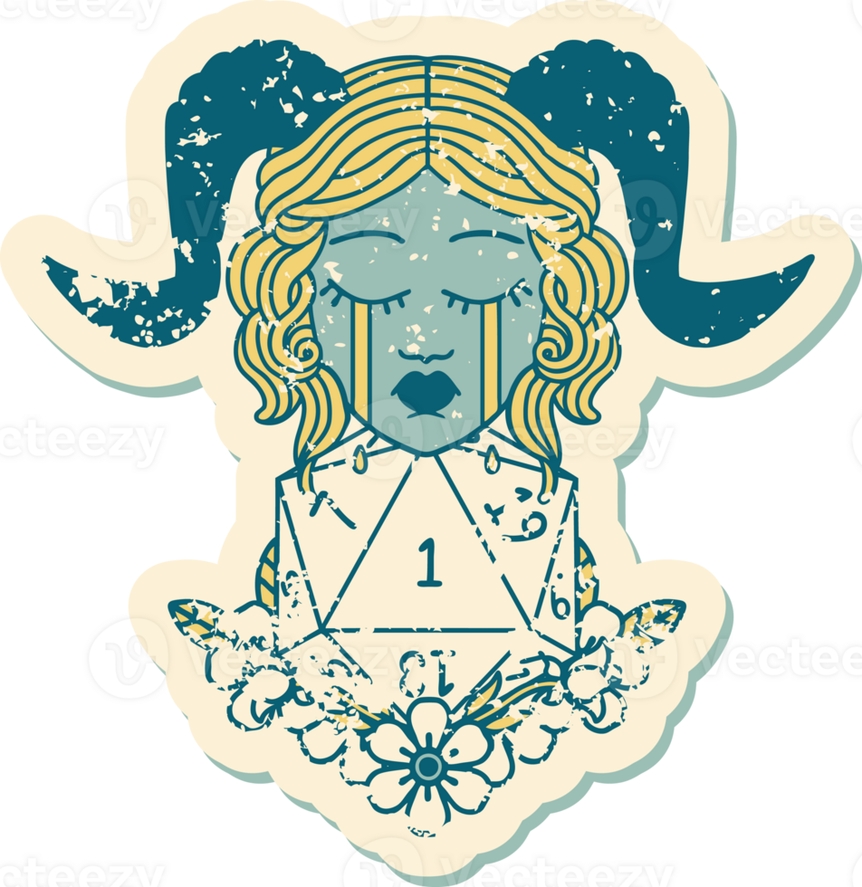 grunge sticker of a crying tiefling with natural one D20 dice roll png