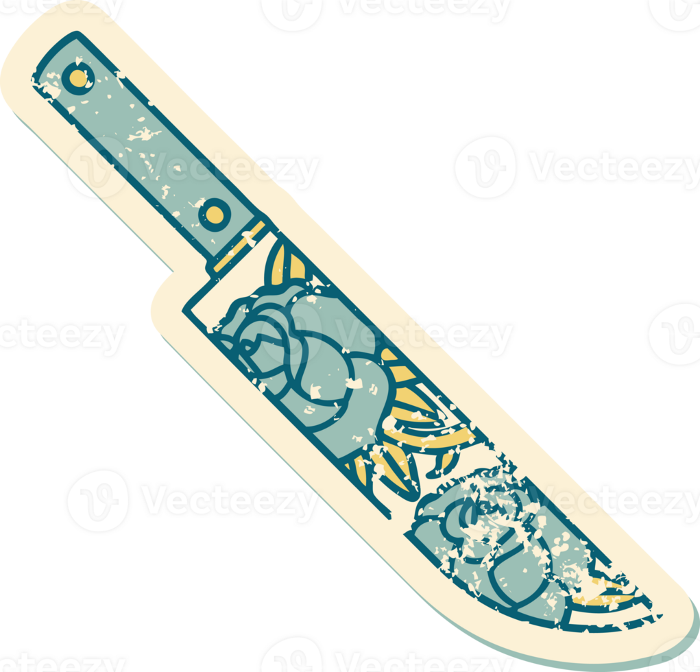 iconic distressed sticker tattoo style image of a dagger and flowers png