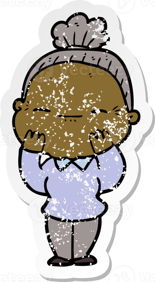 distressed sticker of a cartoon peaceful old woman png