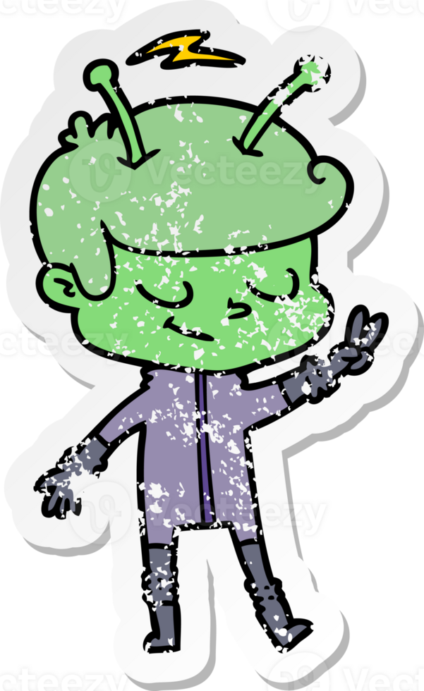 distressed sticker of a friendly cartoon spaceman png