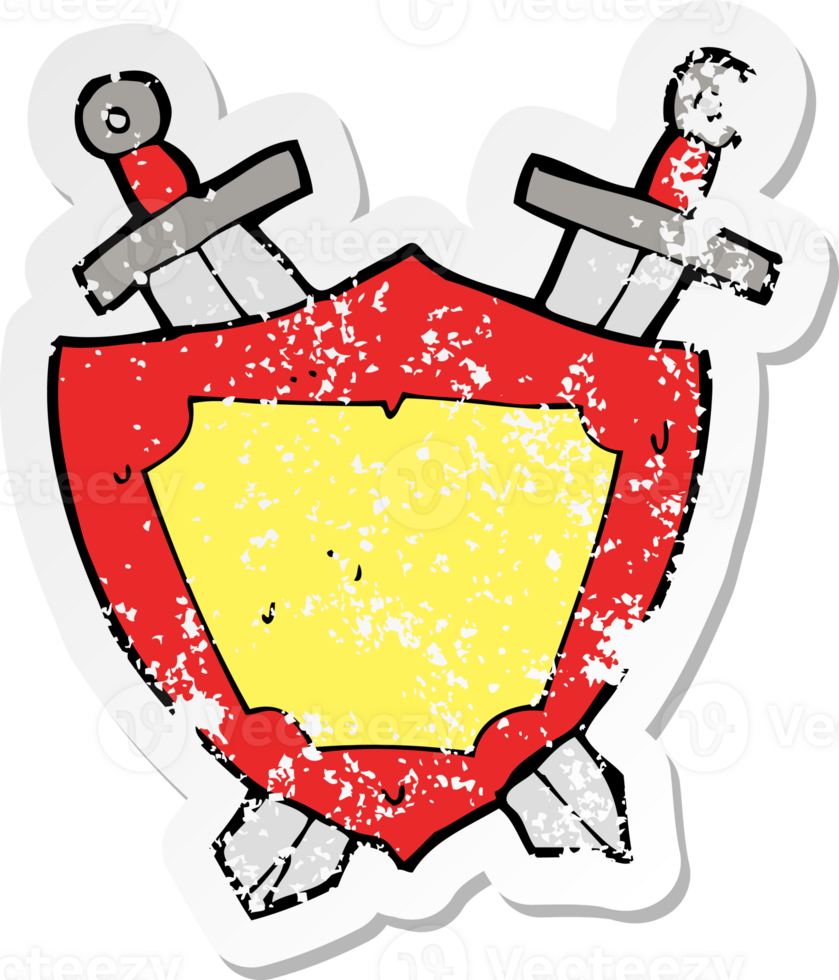 retro distressed sticker of a cartoon shield and swords png