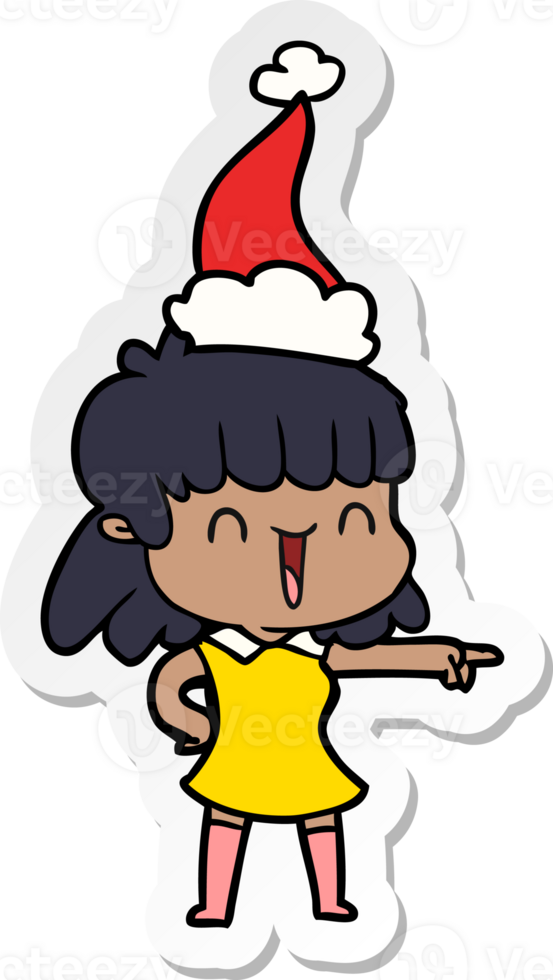 hand drawn sticker cartoon of a happy girl wearing santa hat png