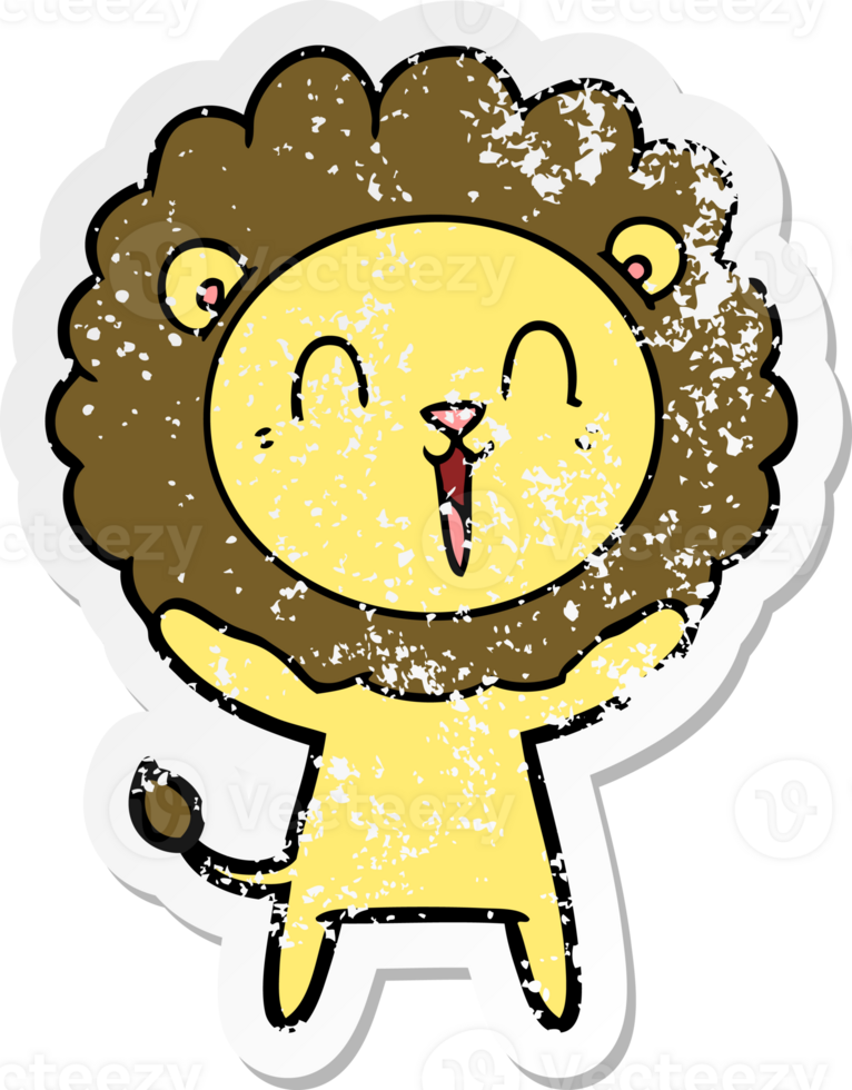 distressed sticker of a laughing lion cartoon png