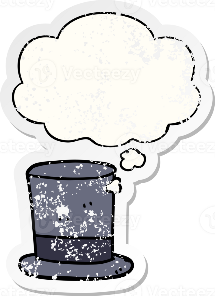 cartoon top hat with thought bubble as a distressed worn sticker png