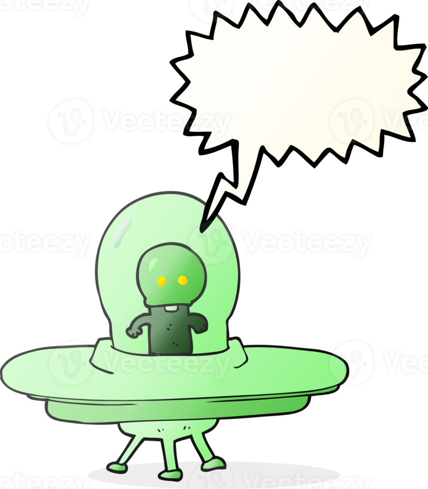 hand drawn speech bubble cartoon alien in flying saucer png