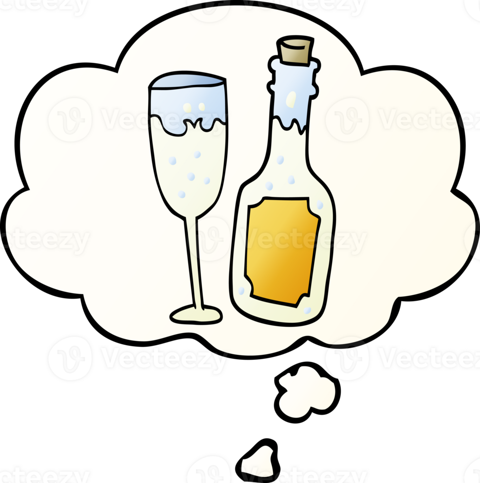 cartoon champagne bottle and glass with thought bubble in smooth gradient style png