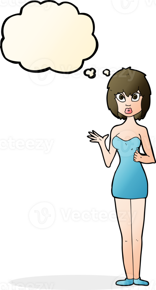 cartoon confused woman in cocktail dress with thought bubble png