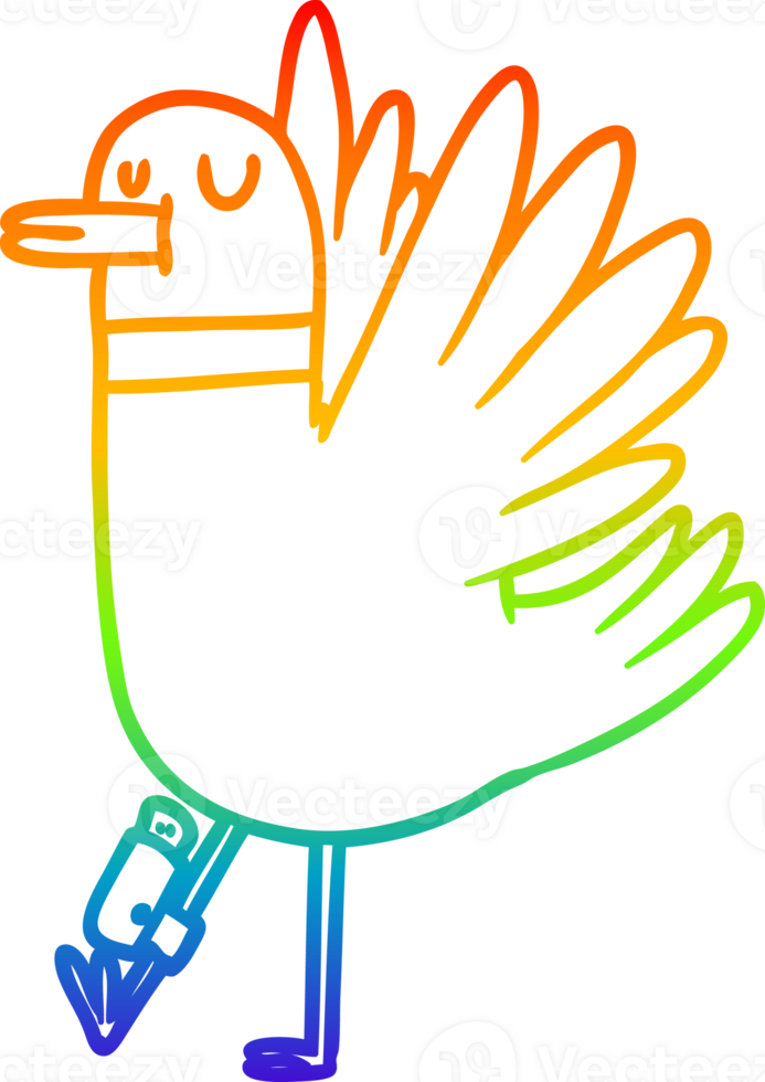 rainbow gradient line drawing of a cartoon flapping wood pigeon png
