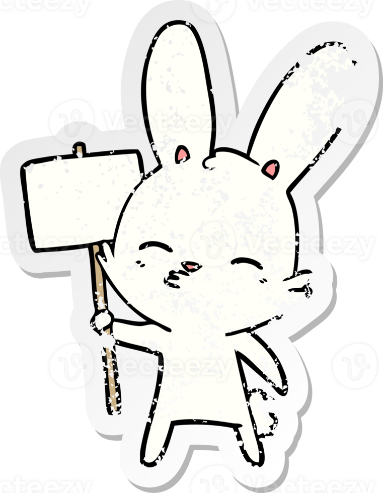 distressed sticker of a curious bunny cartoon with placard png