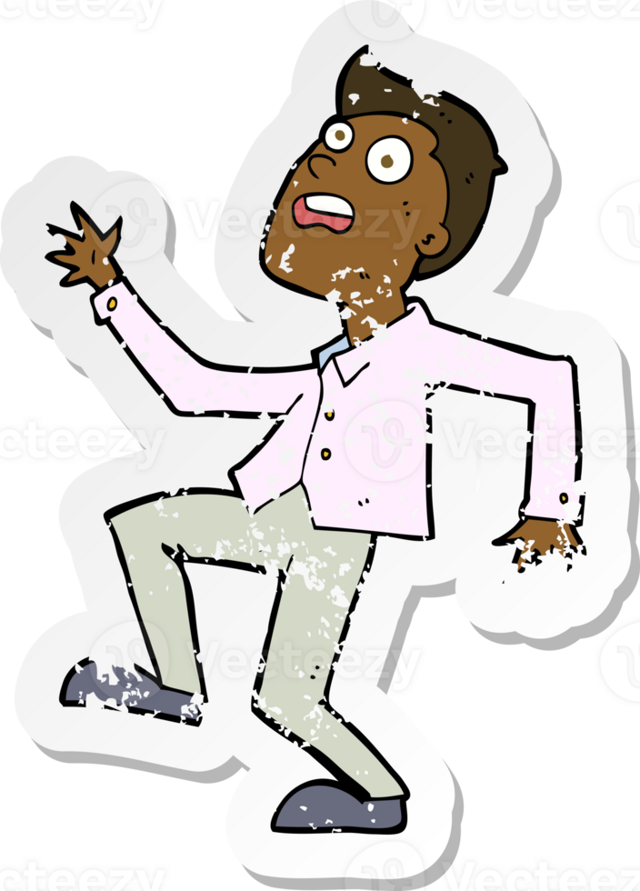 retro distressed sticker of a cartoon man panicking png
