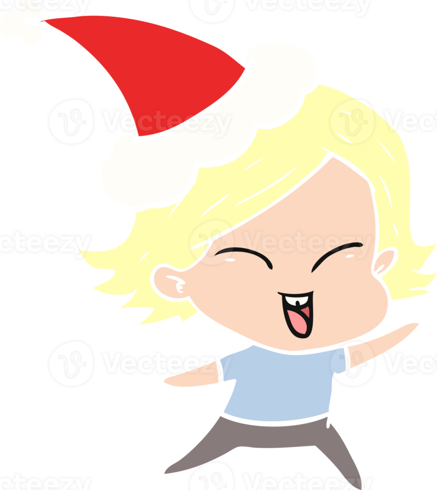 happy hand drawn flat color illustration of a girl wearing santa hat png