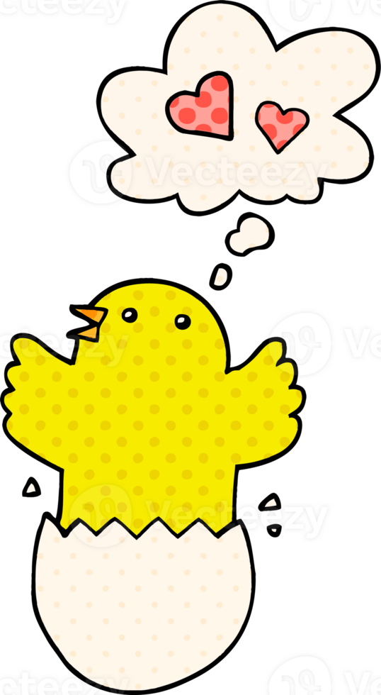 cute hatching chick cartoon with thought bubble in comic book style png