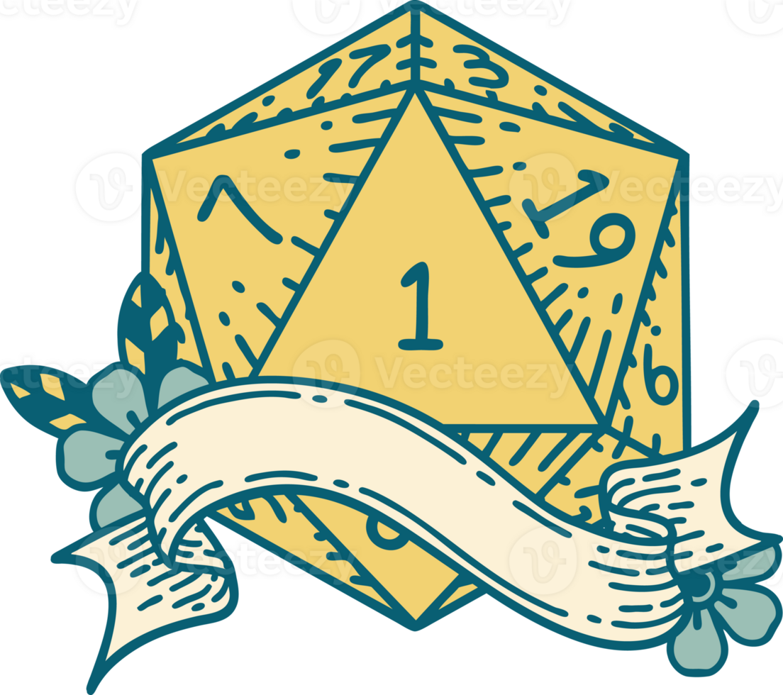 Retro Tattoo Style natural one d20 dice roll png