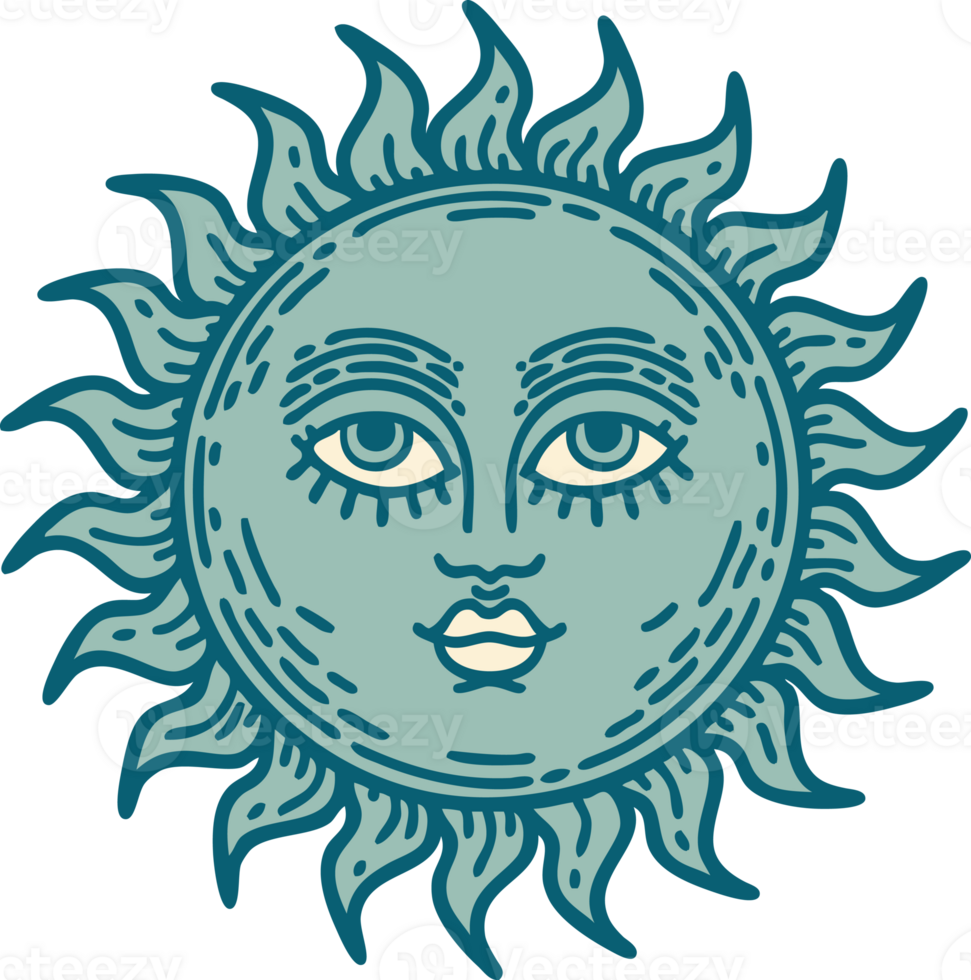 iconic tattoo style image of a sun with face png