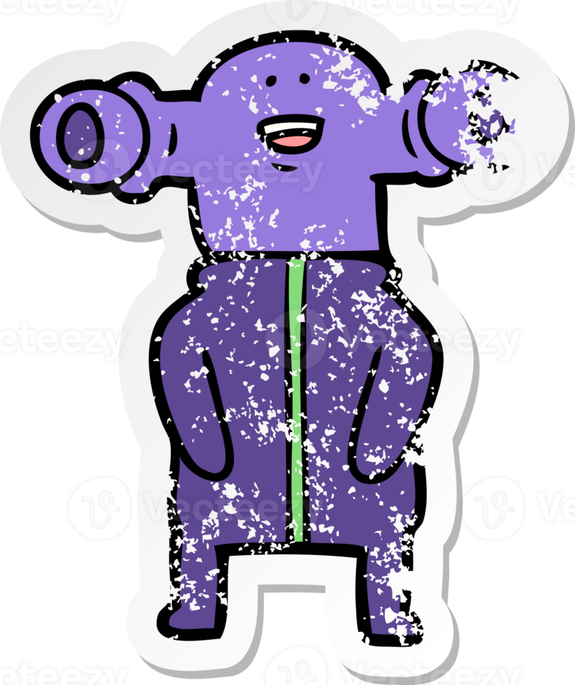 distressed sticker of a friendly cartoon alien png
