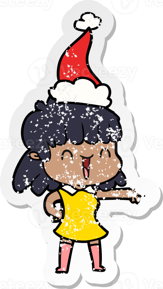 hand drawn distressed sticker cartoon of a happy girl wearing santa hat png