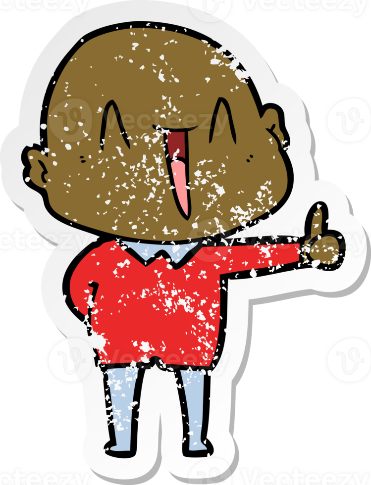 distressed sticker of a happy cartoon bald man png