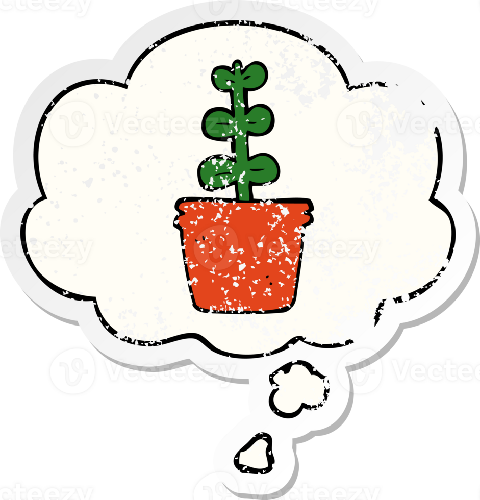 cartoon house plant with thought bubble as a distressed worn sticker png