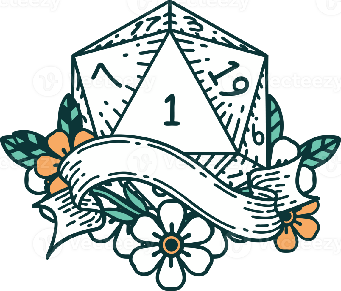 Retro Tattoo Style natural one d20 dice roll png