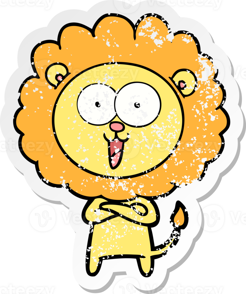 distressed sticker of a happy cartoon lion png