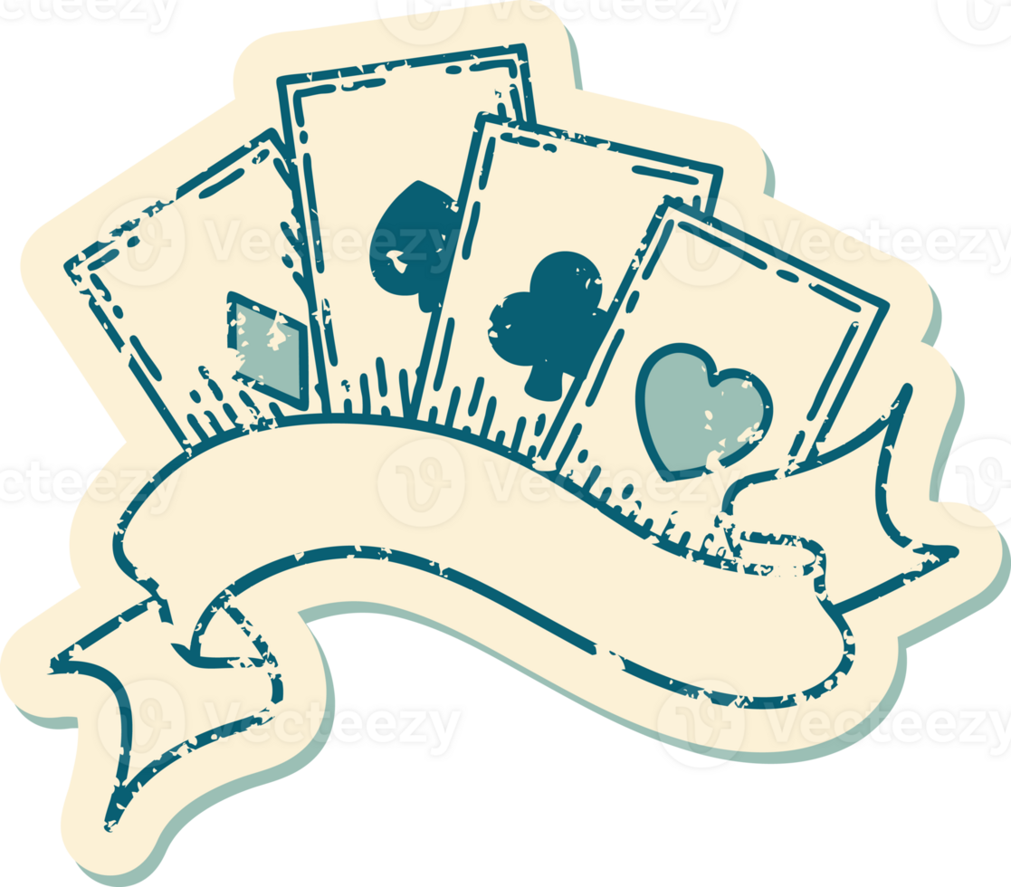 iconic distressed sticker tattoo style image of cards and banner png