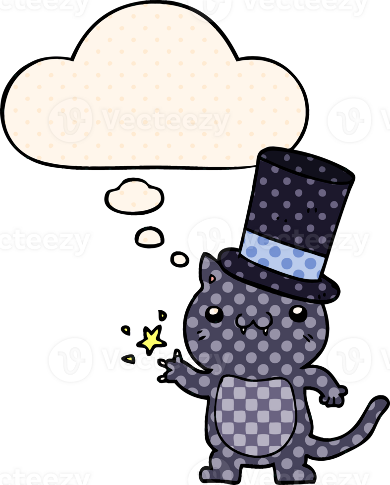 cartoon cat wearing top hat with thought bubble in comic book style png